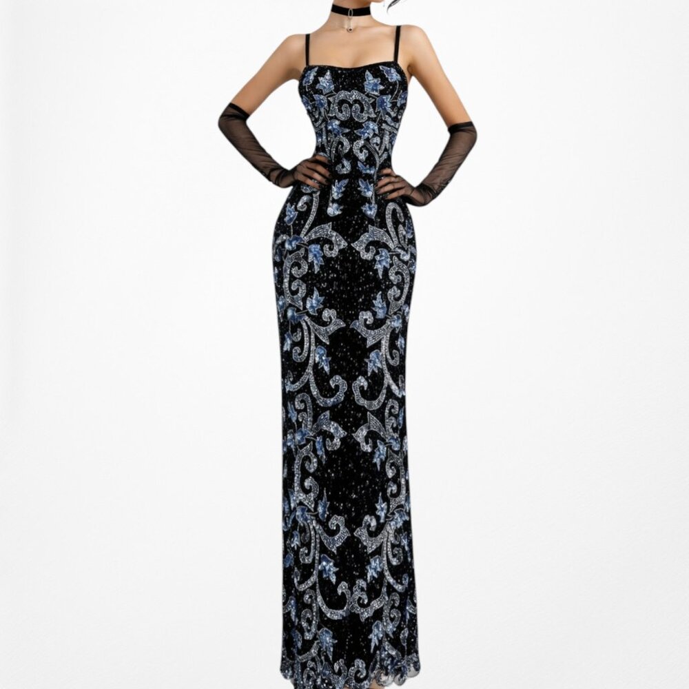 Vintage Y2K Black Blue Floral Beaded Silk Bodycon Maxi Prom Dress Size M